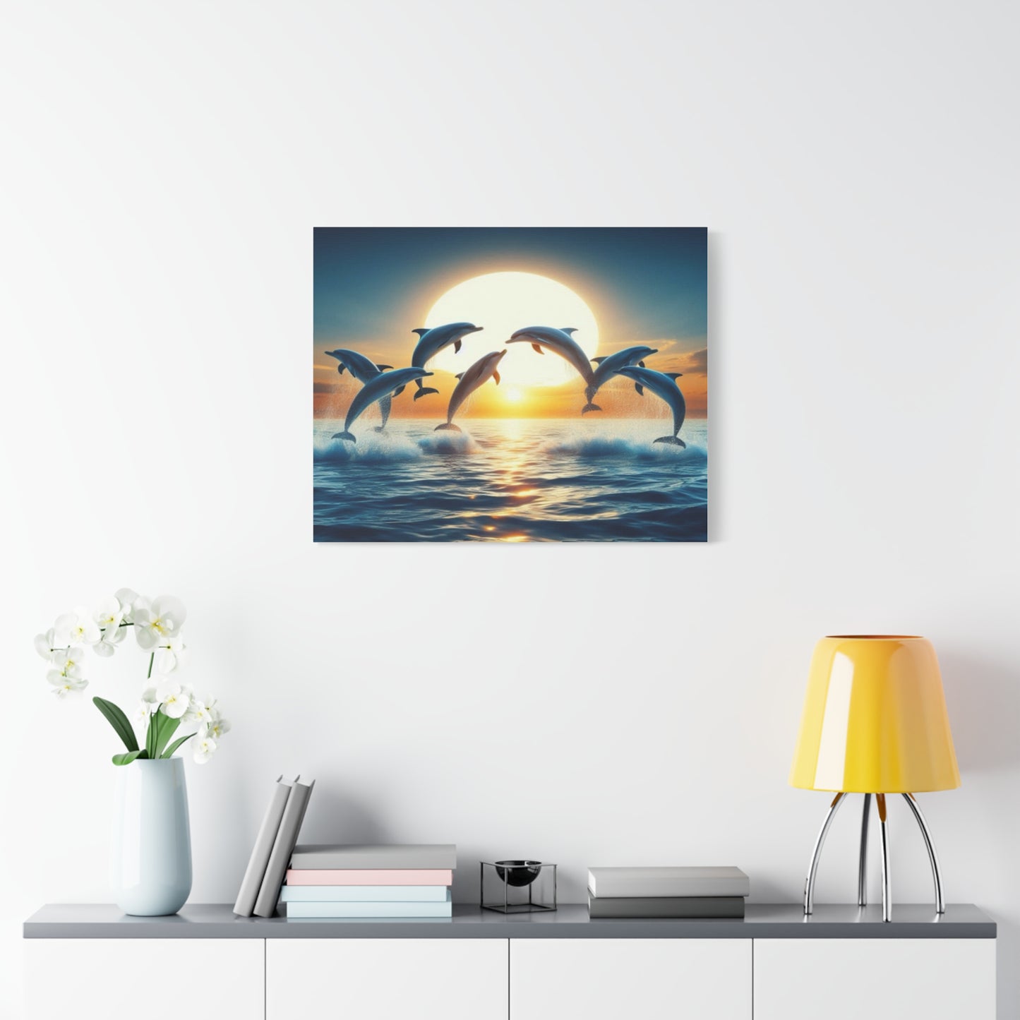 Dolphins Leaping In Sunrise Canvas