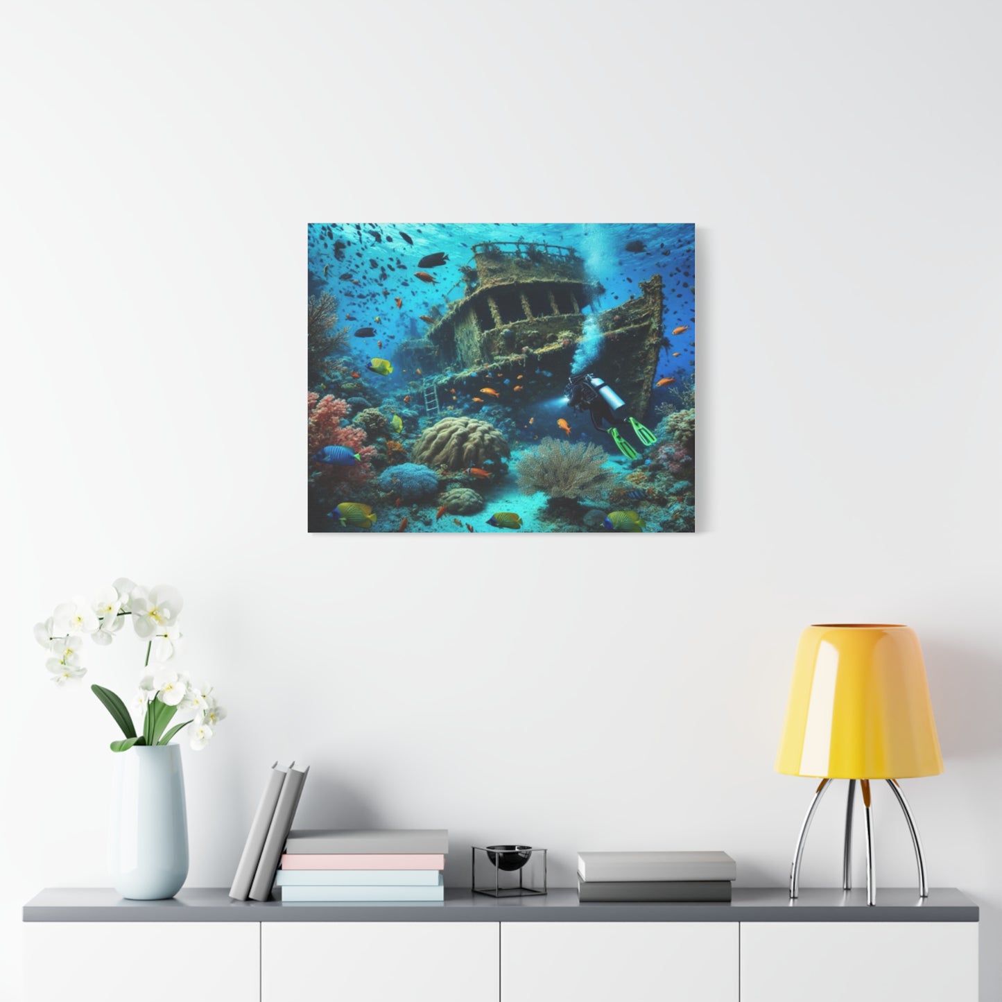 Underwater Shipwreck With Colourful Fish Canvas